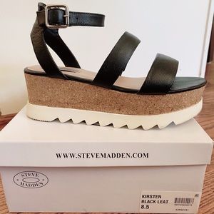 Steve Madden Black Leather & Cork Platform Sandals
